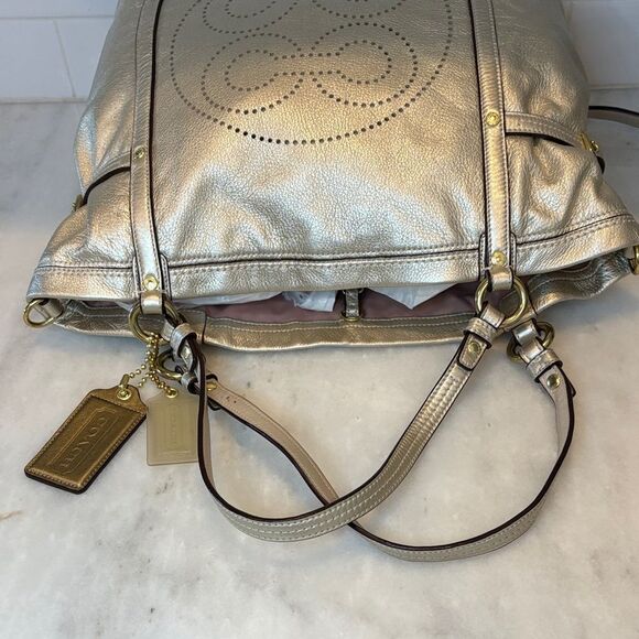 Coach Bag Purse Handbag Leather Audrey Metallic Perforated Convertible Lg Tote - Picture 13 of 16